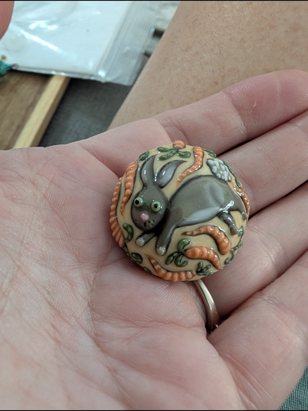 Handcrafted Gray Bunny with Orange Carrot Accents Focal bead